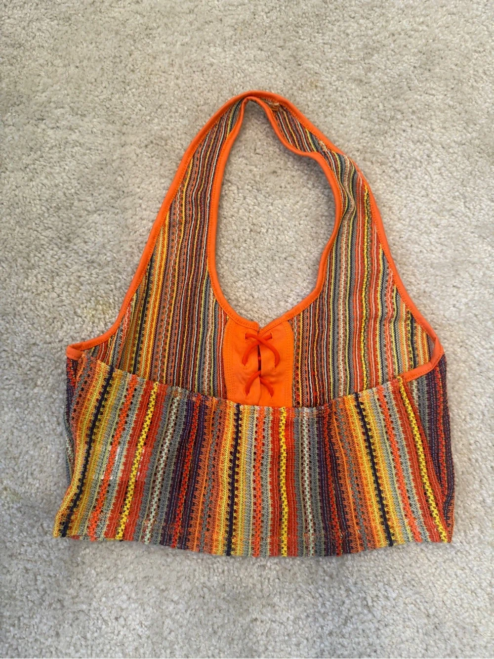 SHEIN Orange Multi-Stripe Crochet Lace-Up Halter Camisole Tie front with beads L - Picture 10 of 11